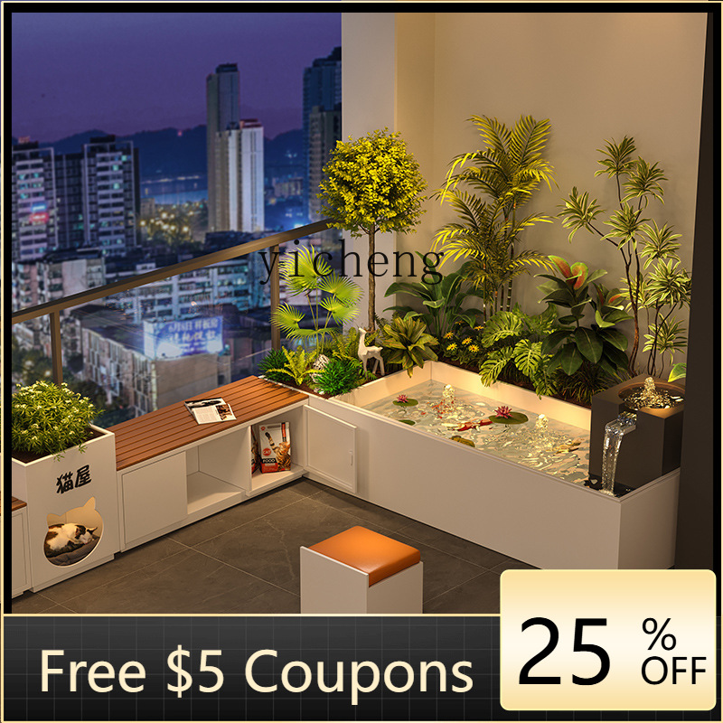 Bonsai Garden Chinese Garden - กระถางดอกไม้ระเบียงสวนพร้อมเก้าอี้นั่ง ชุดอ่างน้ำสแตนเลส บ่อปลา บ่อหมุนเวียนน้ำแบบจีน น้ำพุบอนไซ