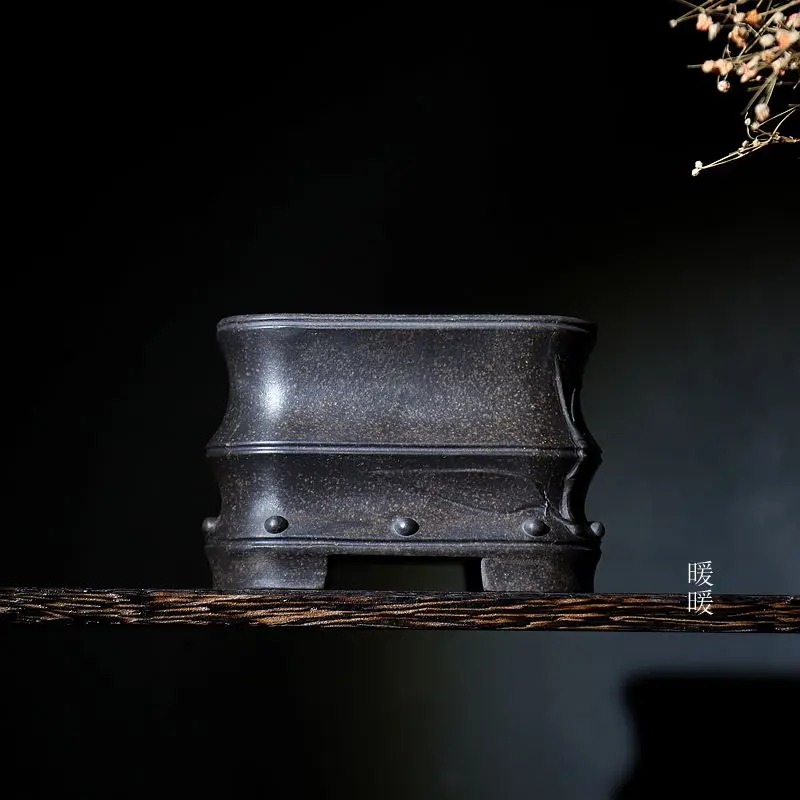 Bonsai Garden Chinese Garden - กระถางดอกไม้เซรามิกรูปสี่เหลี่ยมผืนผ้าแกะสลักลายไม้ไผ่ งานแฮนด์เมด สำหรับบอนไซ ตกแต่งสวนและบ้าน