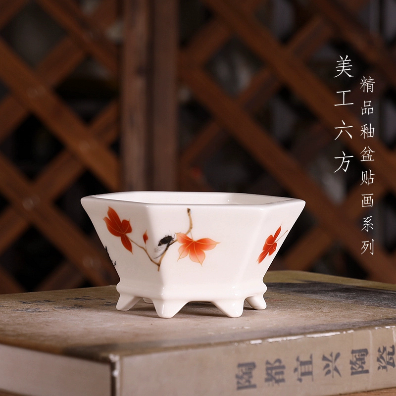 Bonsai Garden Chinese Garden - กระถางบอนไซหกเหลี่ยมพอร์ซเลน,แจกันขนาดเล็ก, ลายจีน, ของตกแต่งสวน, แบบดั้งเดิม